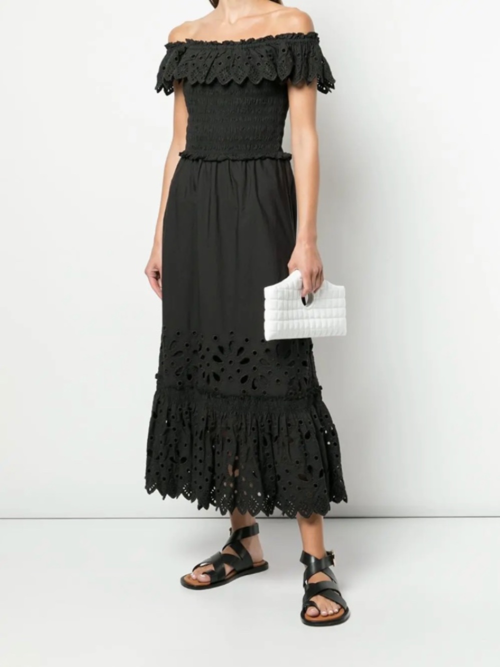 Sea New York Hazel Eyelet Smocked Ruffle Maxi Dress Black